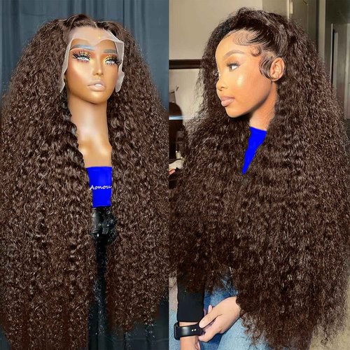 Aonou Full Brown Deep Wave Lace Front Wigs Human Hair Pre Plucked 220% Density 13x6 Chocolate Brown Curly Lace Frontal Wigs Human Hair for Women Brazilian Virgin Hair 22inch