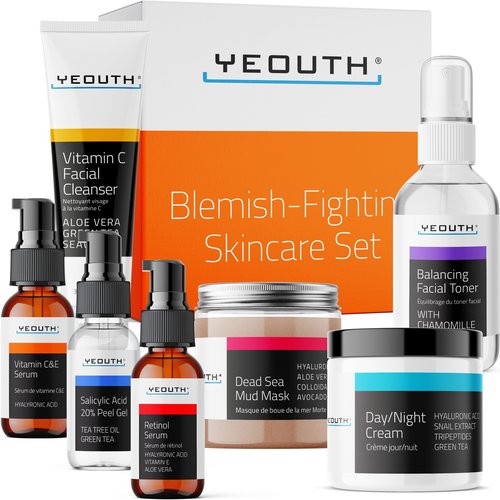 YEOUTH Skin Care Set: Vitamin C Face Wash, Toner, Vitamin C & Retinol Serum, Face Cream, Peel & Mask 7- Piece Skincare Gift Set for Teens, Women & Men