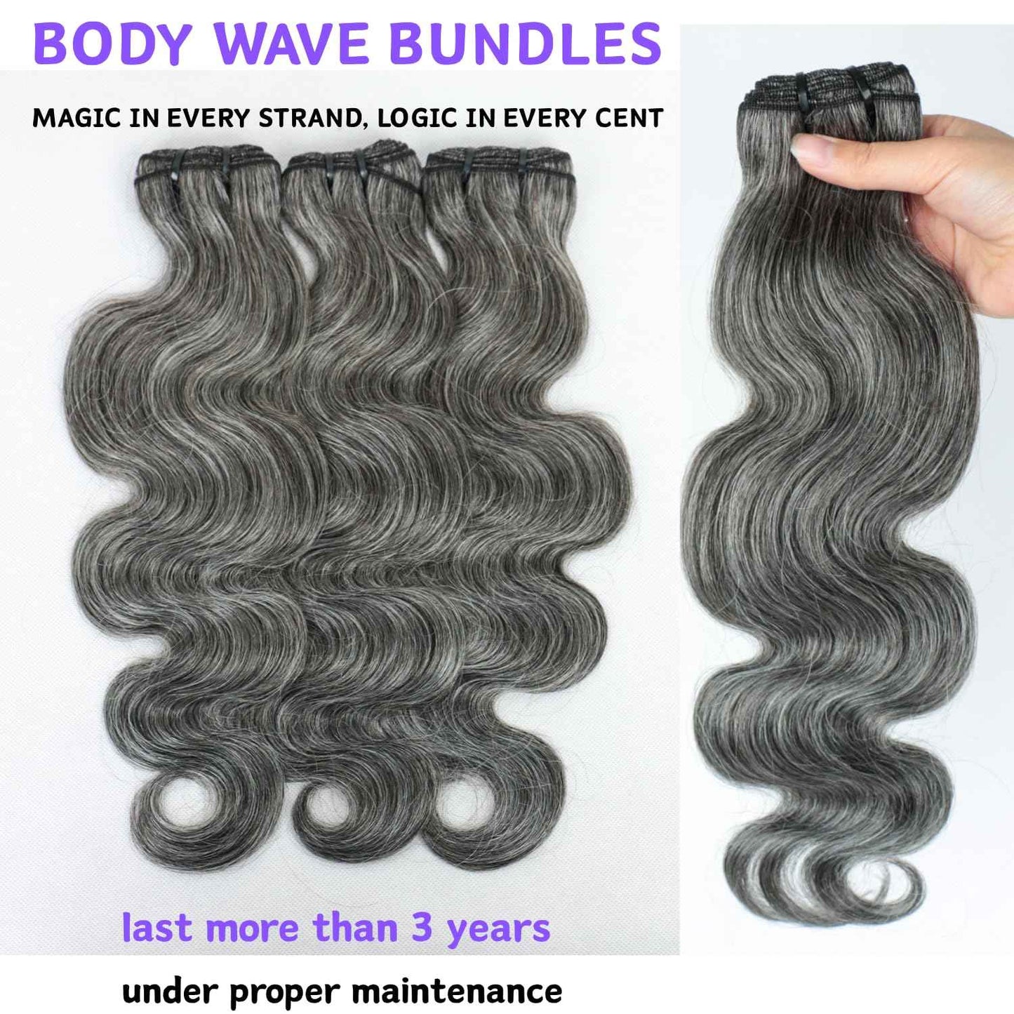 Grey Bundles Human Hair 10 12 14 Inch Salt and Pepper Body Wave Human Hair White Grey Wet and Wavy 3 Bundles Human Hair Extensions 100% Unprocessed 12A Brazilian Hair for Black Women