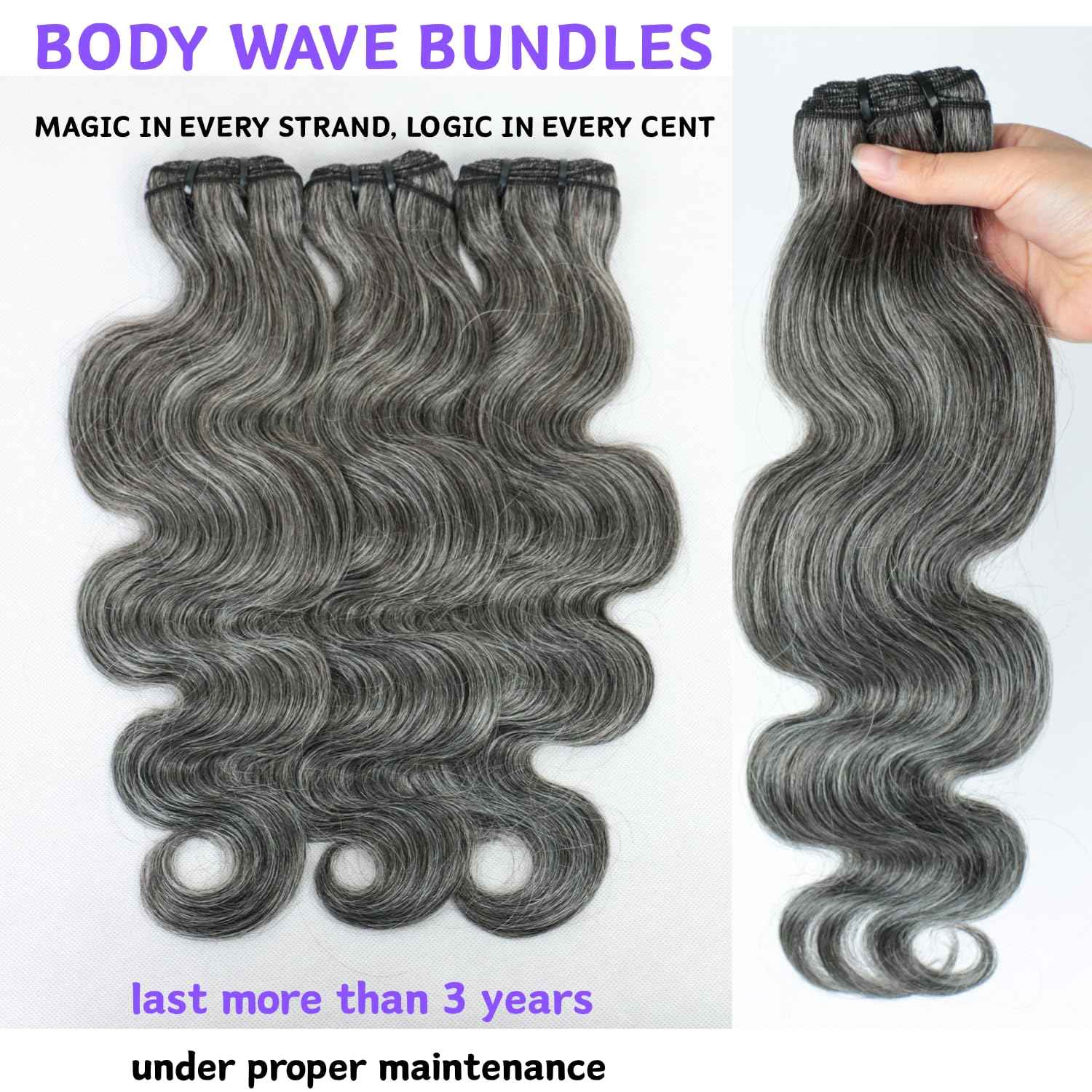 Grey Bundles Human Hair 10 12 14 Inch Salt and Pepper Body Wave Human Hair White Grey Wet and Wavy 3 Bundles Human Hair Extensions 100% Unprocessed 12A Brazilian Hair for Black Women