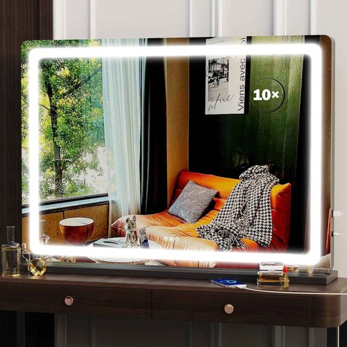 Gvnkvn Makeup Vanity Mirror with USB Charging Port 28" x 22" Large LED Makeup Mirror, Desk Mirorr with Lights, Light up Mirror with 10X Magnification and, Dimmable 3 Modes, Touch Control Black