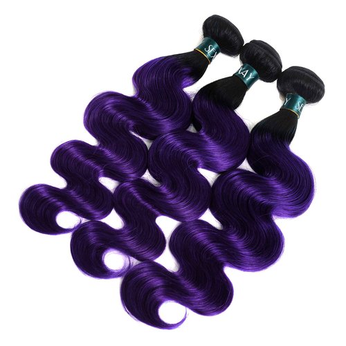 SEXAYHAIR Purple Bundles Body Wave Human Hair Weave 3 Bundles Virgin Hair, Brazilian Remy Hair Ombre 1b/Purple 2 Tone Ombre Hair Wavy for Women(121416)