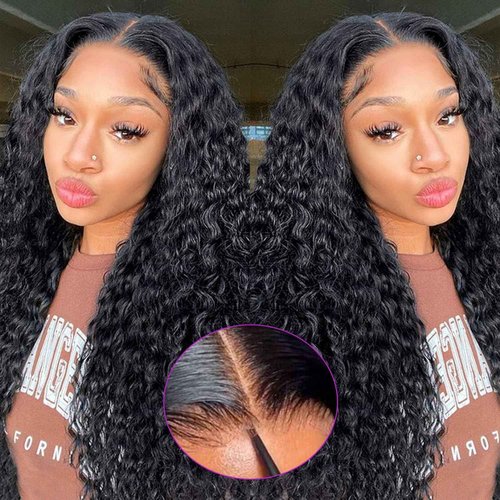 ALLRUN Wear and Go 4x4 Water Wave Closure Wig Human Hair 20 Inch Curly Wig for Black Women Glueless HD Lace Pre-Cut Pre-Plucked Bleached 180% Density