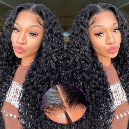 ALLRUN Wear and Go 4x4 Water Wave Closure Wig Human Hair 18 Inch Curly Wig for Black Women Glueless HD Lace Pre-Cut Pre-Plucked Bleached 180% Density