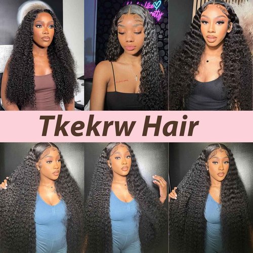 Tkekrw 20 Inch 13x6 HD Deep Wave Lace Front Wigs Human Hair 200 Density HD Frontal Water Wave Wigs Glueless Wet and Wavy Pre Plucked Curly Wig for Women 100% Brazilian Remy Virgin Hair Natural Black