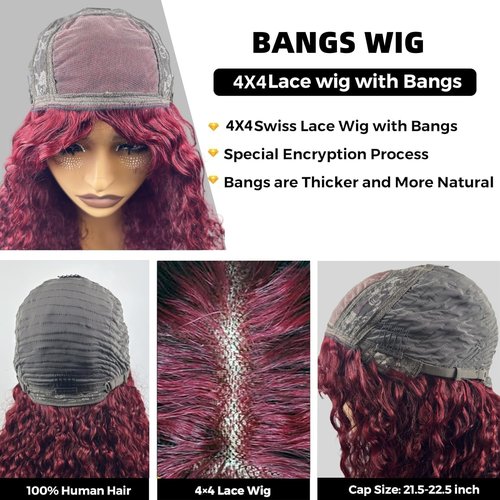 Doiwile Burgundy Curly Wig with Bangs Human Hair 4x4 HD Lace Glueless Wig Human Hair Curly Wave Human Hair Wigs with Bangs for Black Women (Burgundy, 20inch)