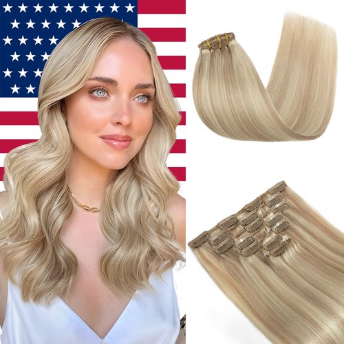 Elailite Clip in Human Hair Extensions, 125g 16 Inch 7pcs #16P22 Light Blonde Highlighted Golden Blonde 100 Real Human Hair, Double Weft Soft Natural Straight Brazilian Remy Human Hair for Women
