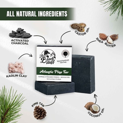 The Black Stuff All Natural Bar Soap for Men Handmade Cold Process Soaps with Organic Ingredients and Essential Oils - Mens Soap for Daily Use, Atlantic Pine Tar (5 Packs)