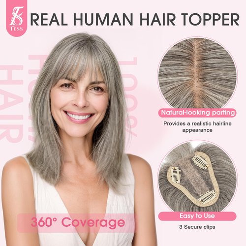 TESS Real Human Hair Topper for Women Clip In Bangs Handmade Lace Base 3 Clips Enhanced Coverage Stylish & Comfortable 8×10cm, 08 Inch, Grey