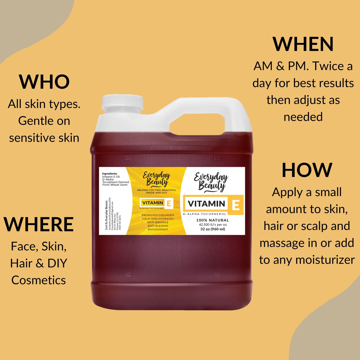 Pure Vitamin E Oil Bulk - 32 oz D-Alpha Tocopherol 100% Pure & All Natural 42,500 IU per oz - Not a Blend, Thick, Amber Color - from Wheat Germ - Face Body Hair - DIY Cosmetics & After Surgery Scars