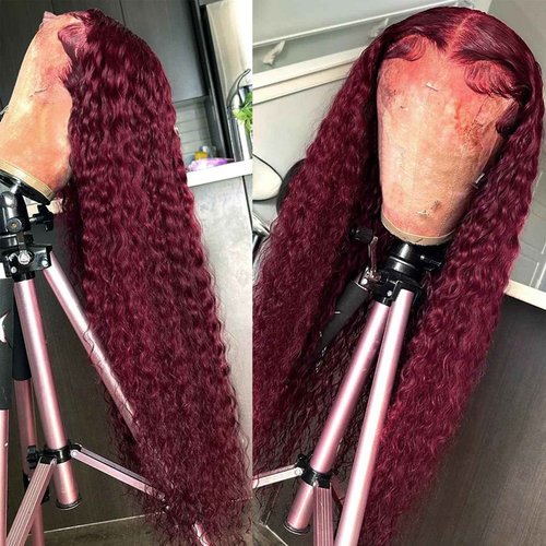 Licoville 99J Burgundy Lace Front Wigs Human Hair Middle Part Deep Wave HD Lace Frontal Wigs for Black Women Pre Plucked Dark Red Short Curly Human Hair Wig 12 Inch 180% Density