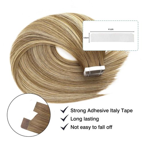 Sassina Tape in Extensions Human Hair Invisible Double Side Skin Weft Tape in Remy Hair Extensions Dark Brown to Blonde 18 Inch 50 Grams 20 Pcs #T3-P3-60