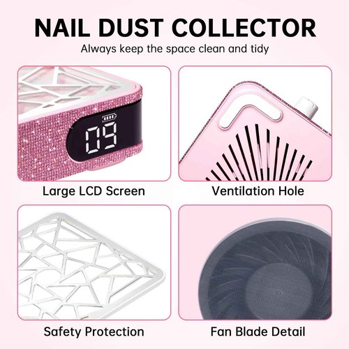 CHRISTINE SHELLY Nail Dust Collector, Cordless Dust Collector Nail Tech, Powerful Vacuum Fan Vent Dust Collector Extractor Dust Suction Machine for Acrylic Nails Polishing, Nail Salon, Pink Diamond
