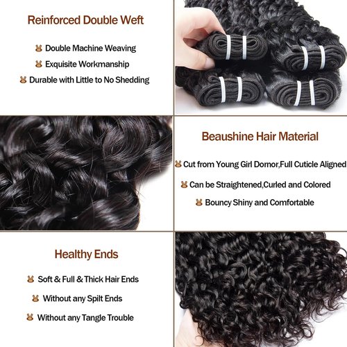 Beaushine Human Hair with Closure Water Wave Remy Virgin Hair 18 20 22+18inch, Wet and Wavy Curly Human Weave Bundles with Lace Closure 10A Brazilian Raw Quick Weave Bundles Natural Black Color