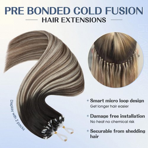 Hairro Microlink Hair Extensions For Women Remy Human Hair Bead In Pre Bonded Cold Fusion Keratin Glue Stick I Tip 20 Inch 50g 50 Strands #1BT4P60