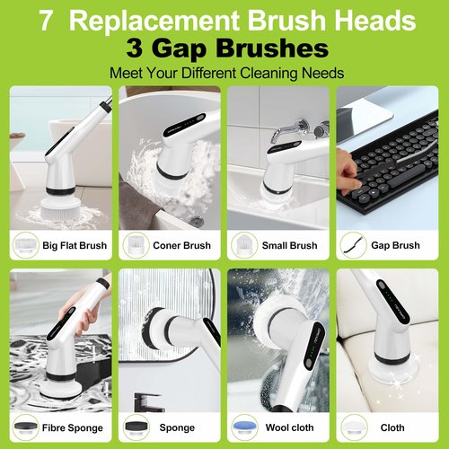 Electric Scrubber Brush, IPX7 Electric Scrubber for Shower, Electric Cleaning Brush Scrubber with 7 Replaceable Brush Heads & Retractable Handle, 2-Speed Adjustable Spin Cleaning Brush