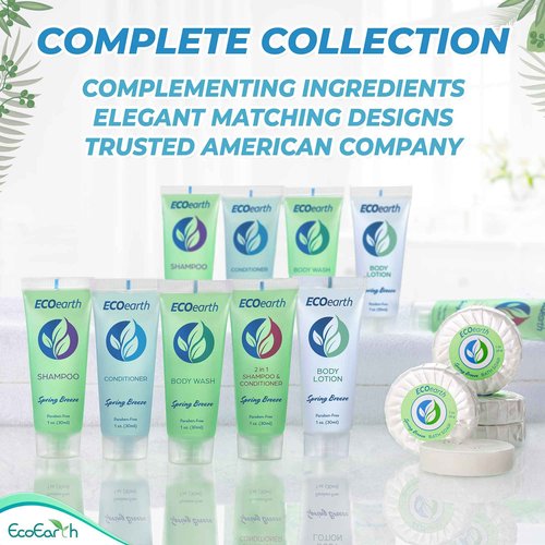 EcoEarth Hotel Toiletries Bundle (Spring Breeze, 1 oz each, 200 Pieces) 4-Piece Set: 50 Round Bar Soap, 50 Shampoo, 50 Conditioner & 50 Body Lotion - Bulk Mini Guest Amenities