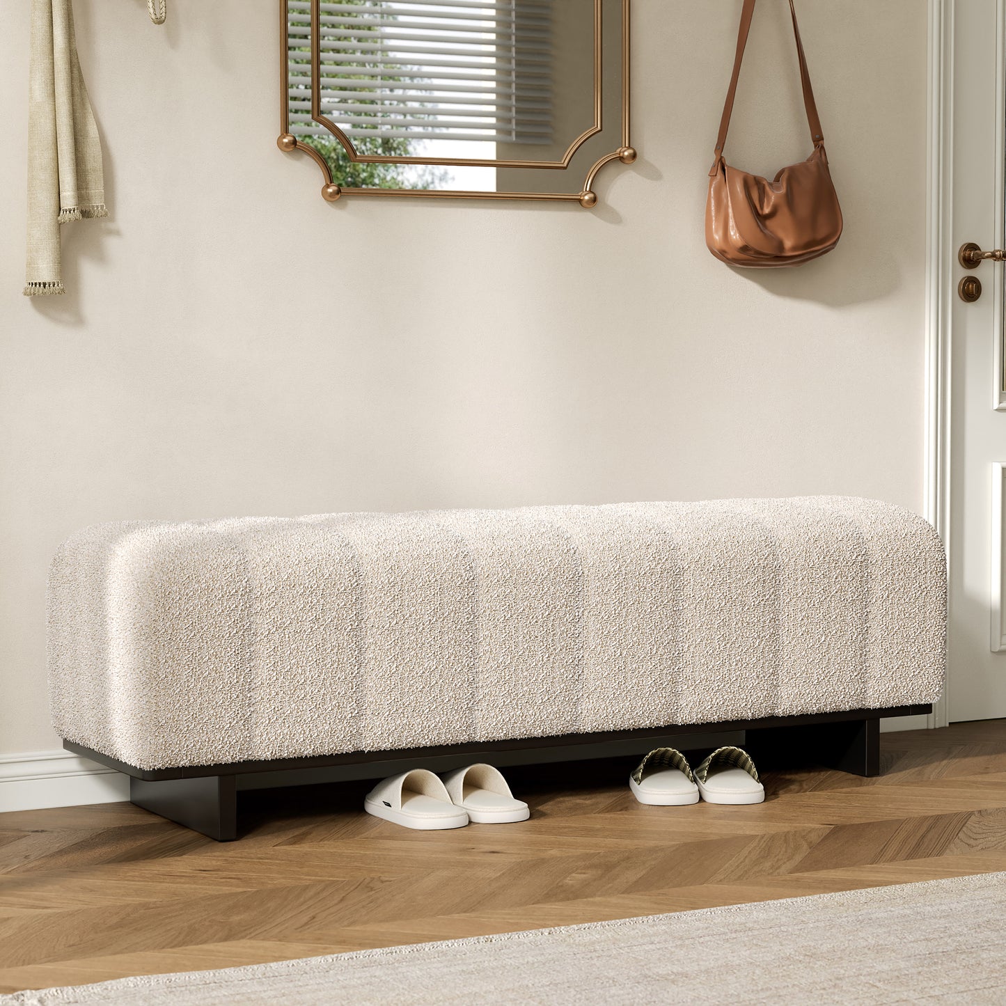Beige Faux Fur Dining Bench with Rubber Wood Legs - 63.62"