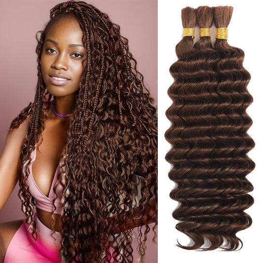 Human Braiding Hair for Boho Braids, Deep Wave Bulk Boho Braids Human Hair for Knotless Curly Bohemian Water Wave Braiding 110g 24 Inch Chocolate Brown (3 No Weft Bundles/Pack)