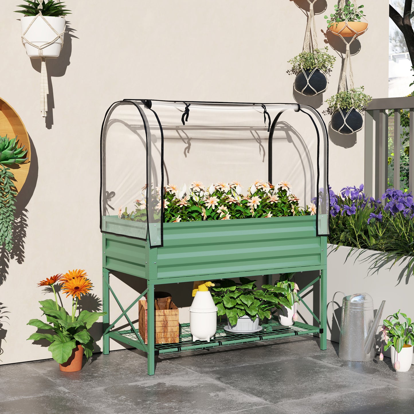 Raised Garden Bed with Legs and Cover - Metal Elevated Planter Box with Shelf for Vegetables