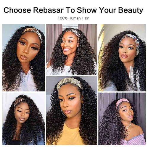 Rebasar Deep Wave Wigs Human Hair Wear and Go Glueless Headband Wigs 20 Inch Human Hair Wigs for Black Women Human Hair Deep Curly Black Wig
