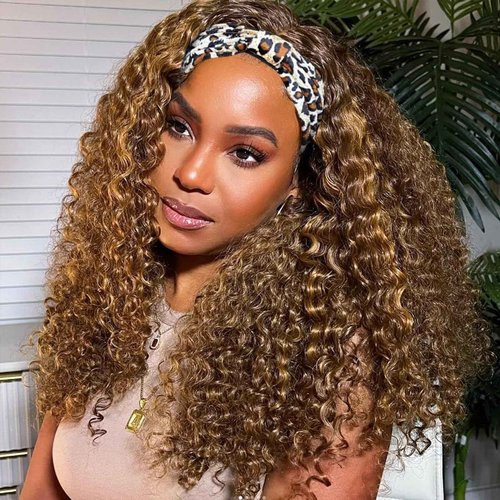 Ombre Highlight Headband Wig Human Hair #4/27 Colored Kinky Curly Headband Wig for Black Women Glueless None Lace Front Human Hair Wigs Brazilian Virgin Hair Wear and Go Wigs 150% Density 26 Inch