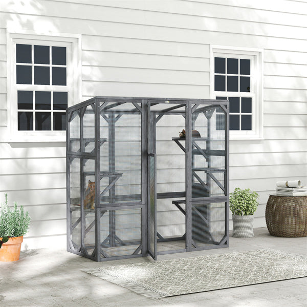 Large Cat Cage with Platforms, Easy Assembly, Sunproof Fir Wood - Gray
