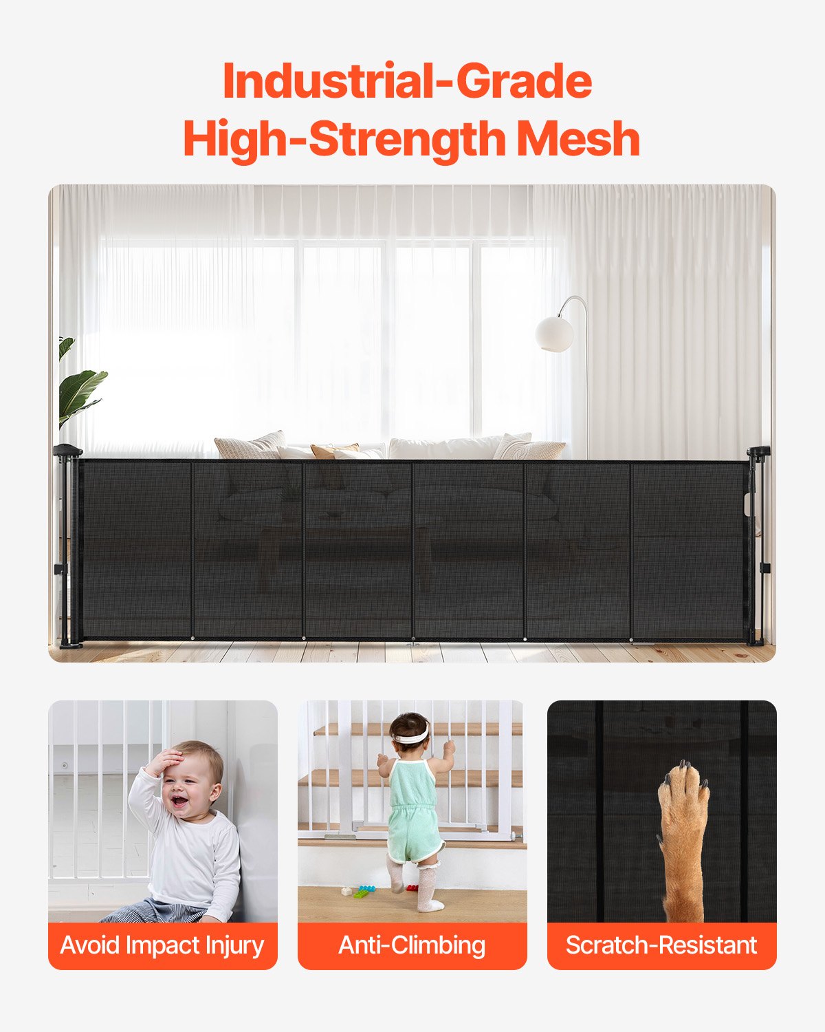 Retractable Baby Gate 34 Inch Tall Extends Up To 110 Inch Wide Mesh Safety Barrier for Kids Pets