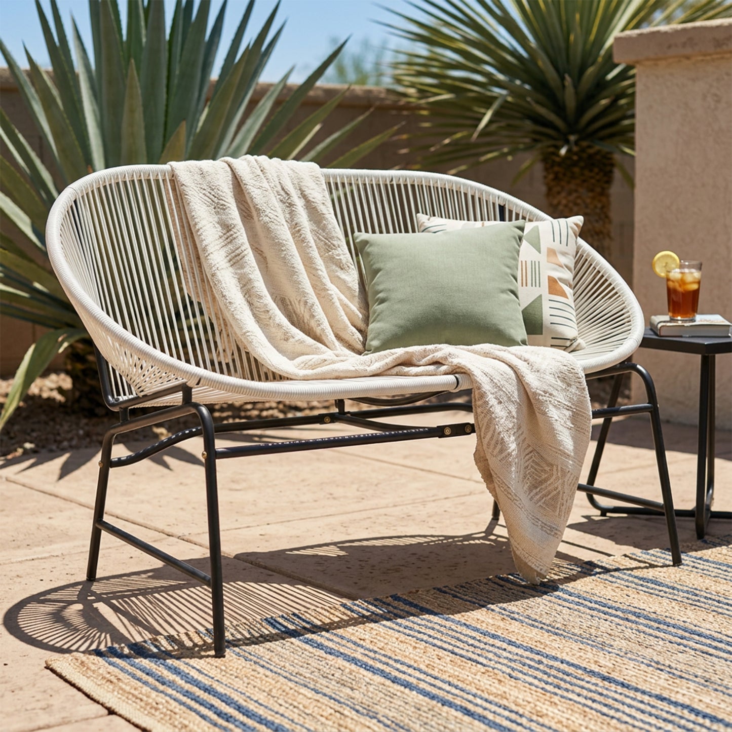 CONDESSA OUTDOOR PATIO WICKER LOVE SEAT, WHITE PE RATTAN & IRON