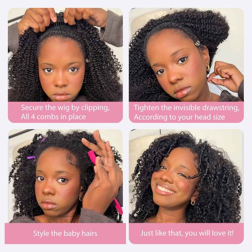 Lametope Kinky Curly Half Wig Human Hair 200 Density 3 In 1 Half Wig With Drawstring No Lace Seamless Flip Over Kinky Curly Glueless Wig For Women 20 Inch Curly Headband Wig Human Hair