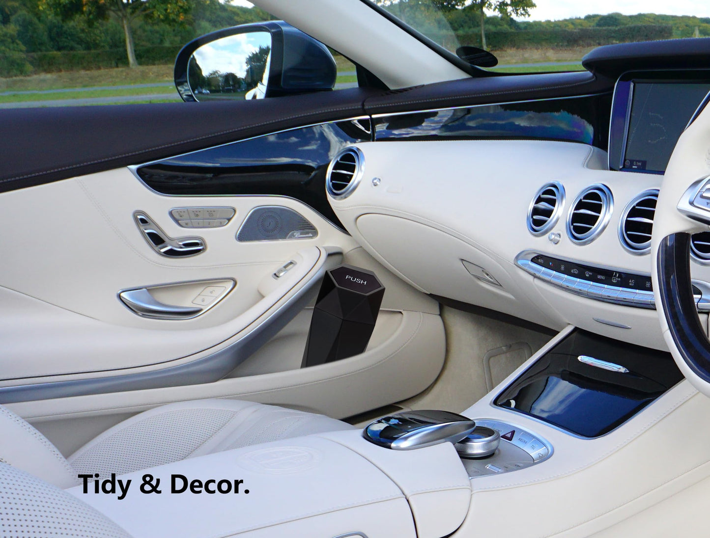 Ginsco Car Trash Can Cup Holder, 2 Pack Mini Car Trash Can with Lid, Car Accessories for Interior, Leakproof Small Trash Cup for Car, Home with Additional 2 ABS Hooks and 90pcs Trash Bags Black Golden