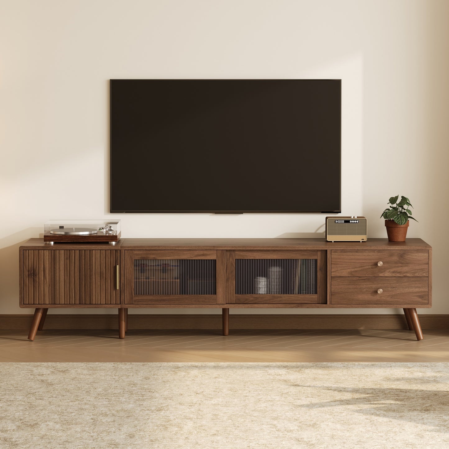 76" Modern Minimal Glass-Door TV Stand for 85" TVs - Natural