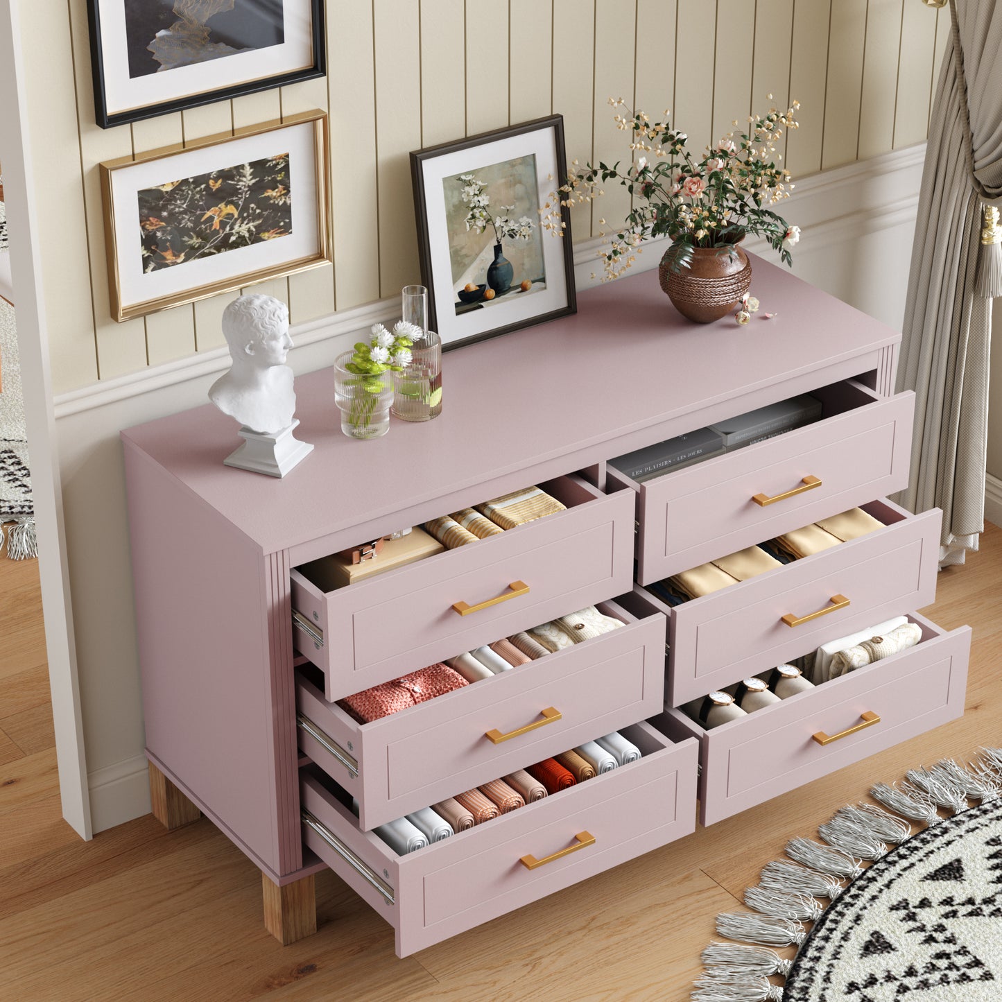 6-Drawer Double Dresser - Modern Storage Cabinet in Pink