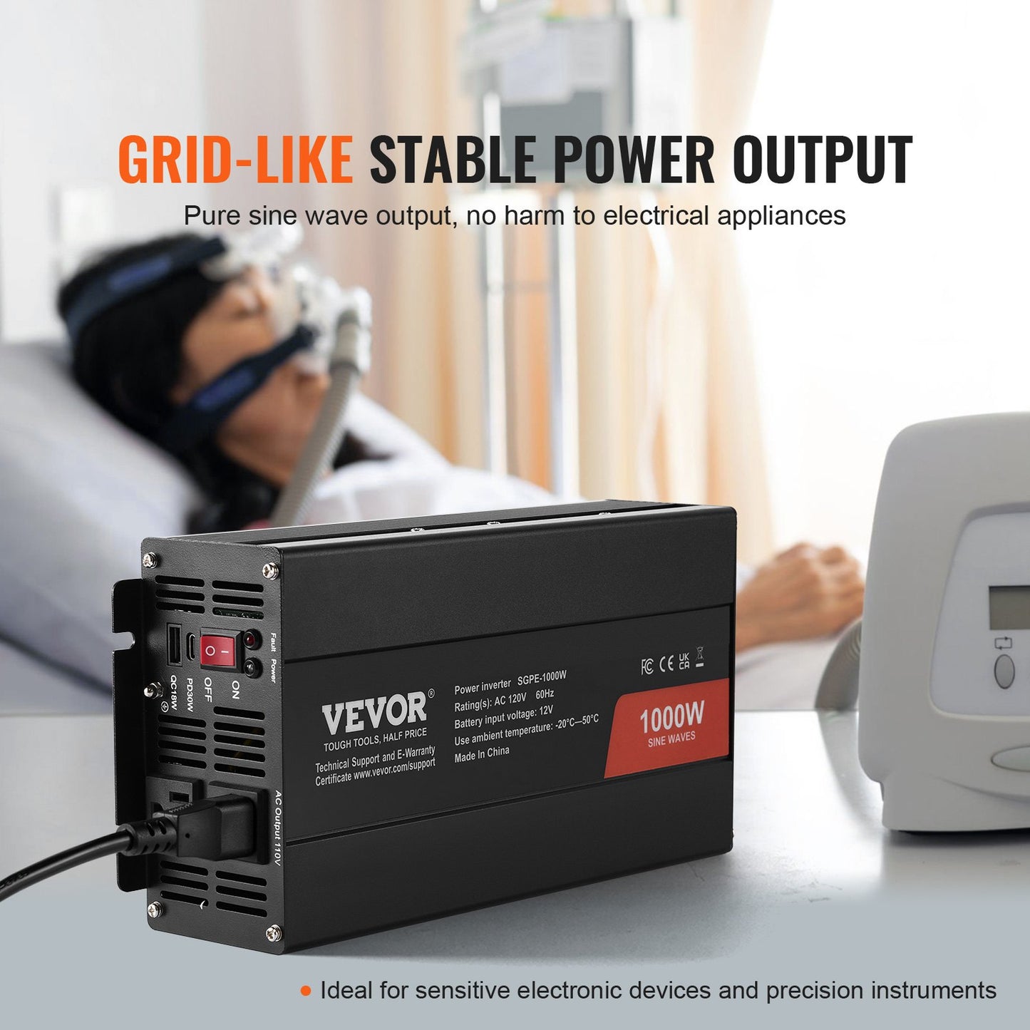 1000W Pure Sine Wave Power Inverter DC 12V to AC 120V with 2 Outlets & USB Type-C