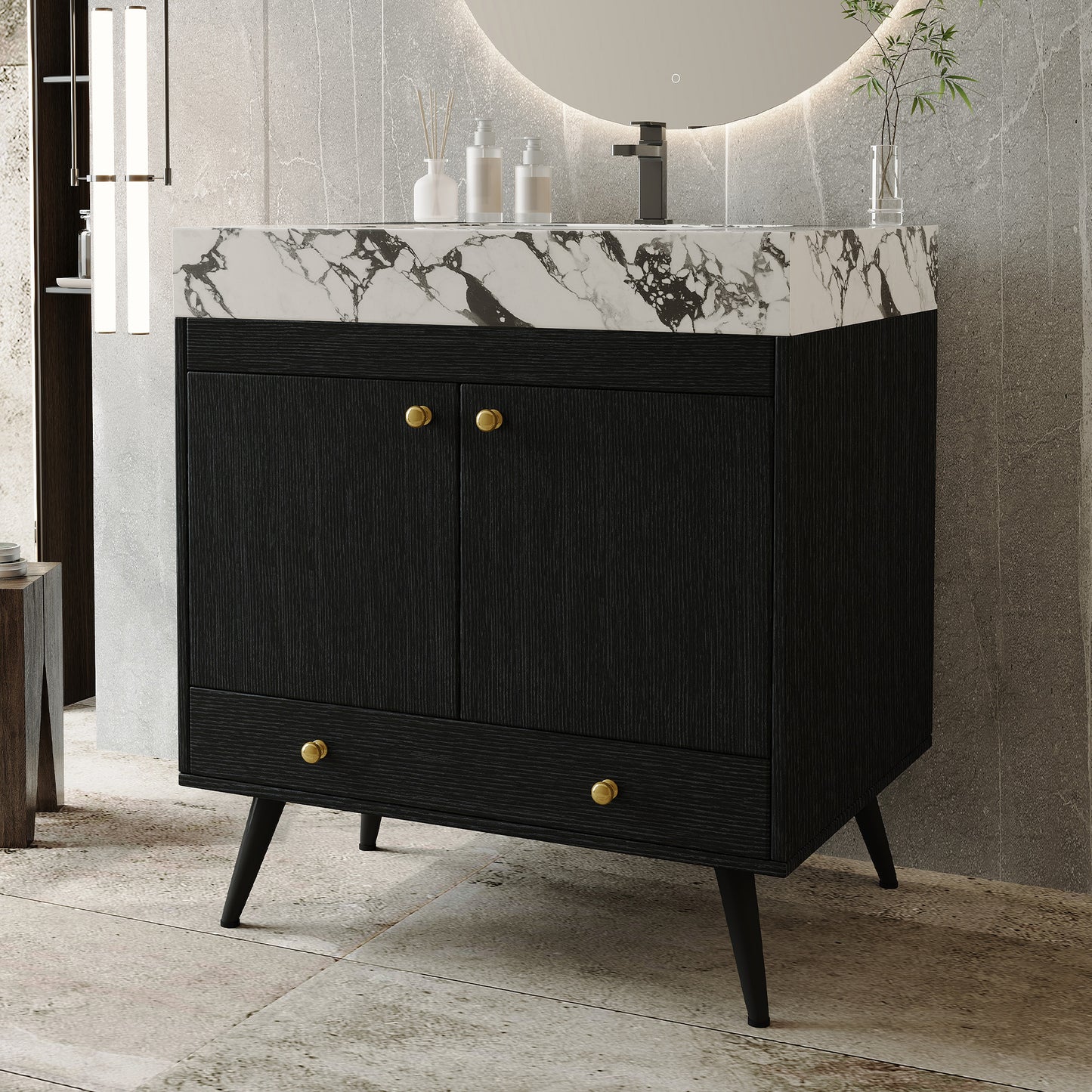 Contemporary Free-standing Bathroom Vanity with Faux Marble Top - 30" Double Door Storage Cabinet