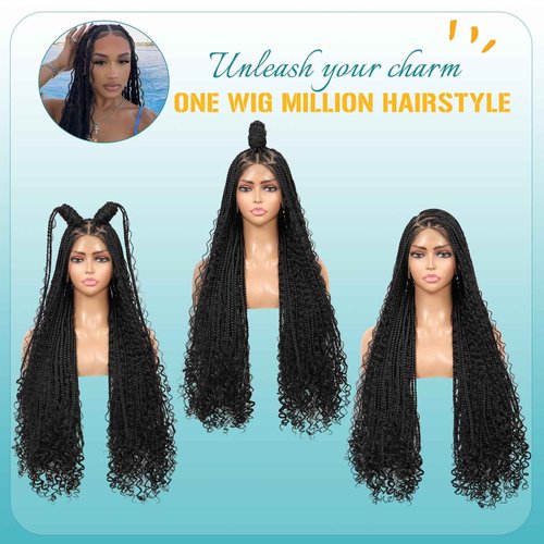 Kalyss Knotless Braided Wigs for Women 13x8 HD Lace Front Braided Wig with Baby Hair Boho Box Braid Wigs Black Premium Synthetic Braid Wig 36 Inch