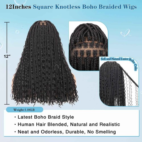 Olymei 12inch 13x8 Hd Lace Front Braided Wigs for Women Knotless Boho Braided Wigs Short Box Braid Wig with Baby Hair Premium Synthetic Curly Braided Lace Front Wigs Natural Black