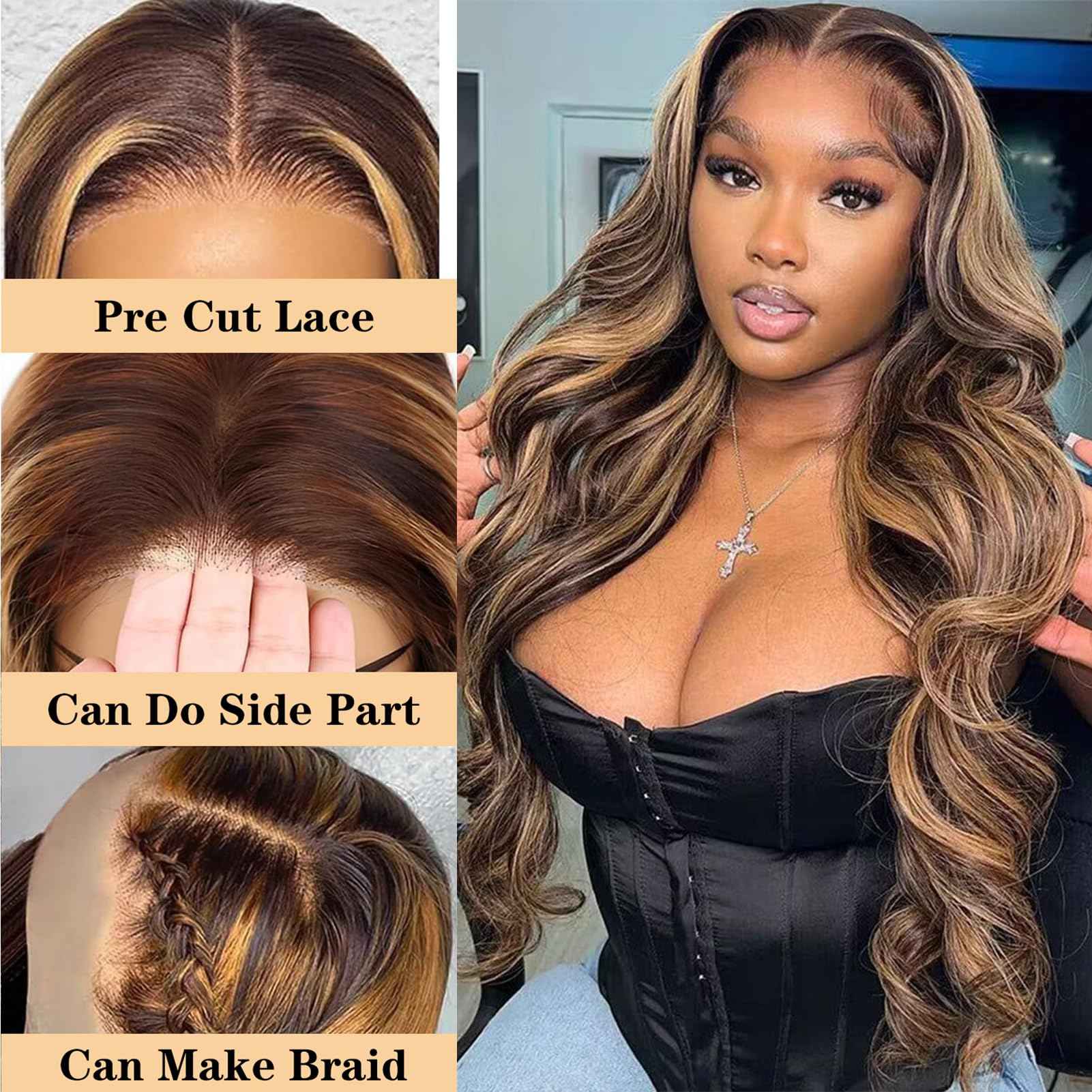 Highlight Ombre Glueless Wigs Human Hair Pre Plucked Pre Cut 200% Density 5x5 HD Lace Closure Wigs Human Hair P4/27 Colored Honey Blonde Body Wave Lace Front Wigs Human Hair for Women (18 Inch)
