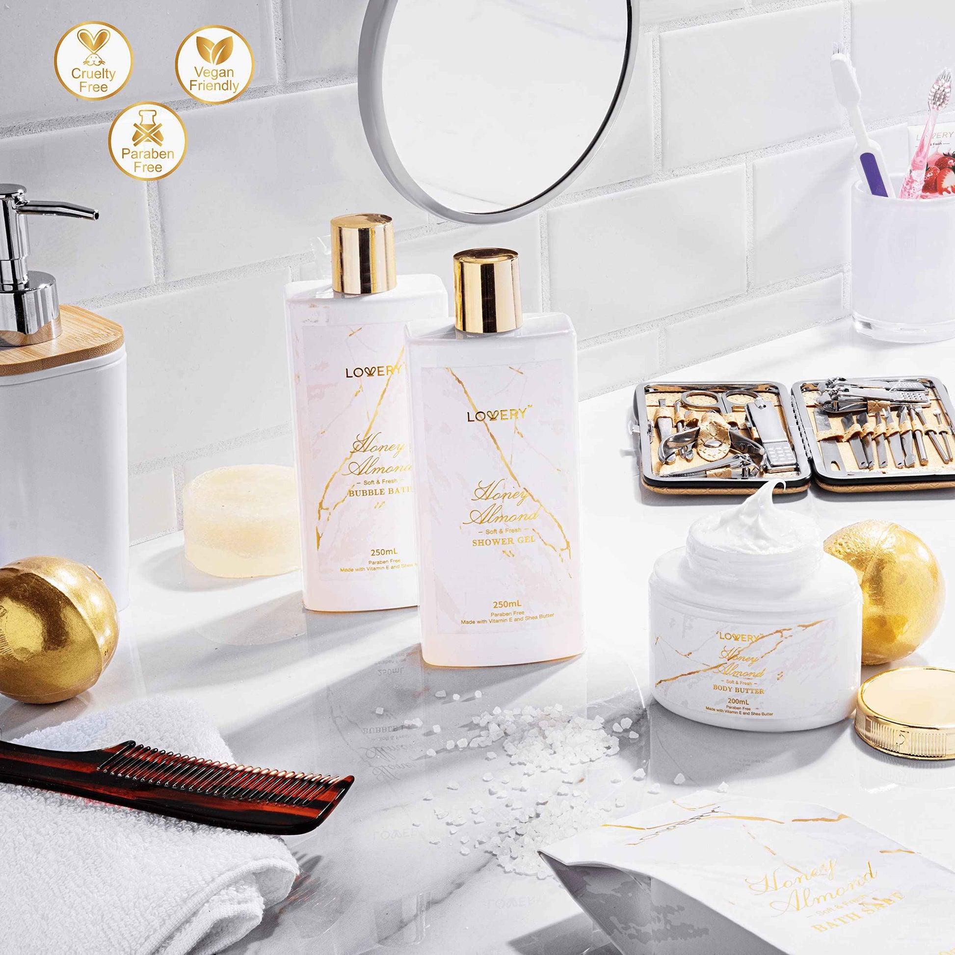 Gifts for Mom, Gift Basket, Spa Gifts For Women, 31Pc Self Care Kit, Stress Relief Gift, Birthday, Thank You, Honey Almond Bath and Body Gift - Toiletry Bag, Nail Kit, Bath Bombs & More