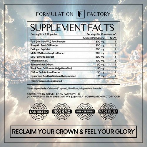 Formulation Factory Crown of Glory 10-in-1 Hair Growth Maximizer, DHT Blocker with Saw Palmetto, Fo-Ti, Collagen, Supports Thicker Hair & Scalp Health (2 Month Supply, 120 Capsules)