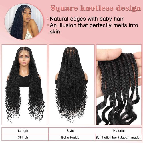 Zurffiy 360° HD Full Lace Knotless Boho Braided Wigs for Women Box Braid Wig With Baby Hair Premium Synthetic Braided Lace Front Wigs Natural Black 36 Inch