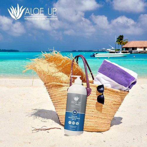 Aloe Up Sport Sunscreen Lotion SPF 30 - Broad Spectrum UVA/UVB Sunscreen Protector for Face and Body With Hydrating Aloe Vera Gel Non-Greasy No White Cast Reef Safe Fragrance-Free - 32 Oz.