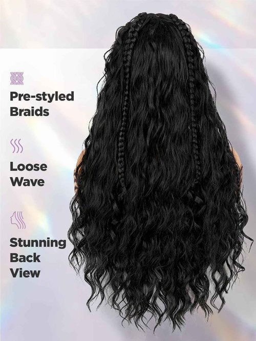 Fancy Hair Cornrow with Curly Hair Wig 26 Inch HD Lace Front Braided Wig with Baby Hair Face Framing Tendrils Pre Plucked Glueless Transparent 13x4 Inch Lace Frontal for Black Women Natural Hairstyle