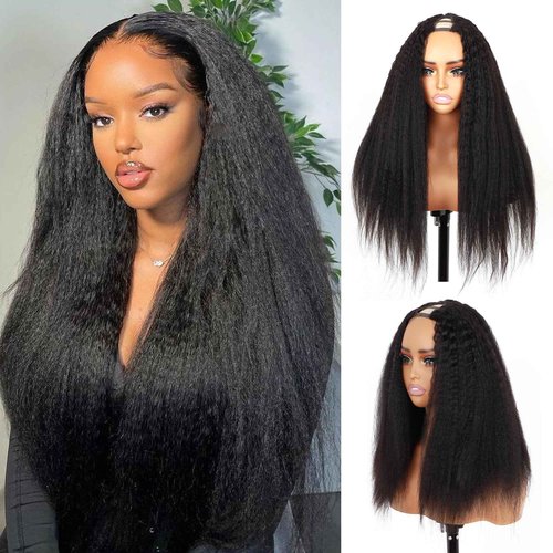 Orientfashion U Part Human Hair Kinky Straight 20inch 150% Density Full Head U Shape Clip in Wigs Half Wig Human Hair Wigs For Black Women U Part wigs (yaki straight 1B, 20inch)