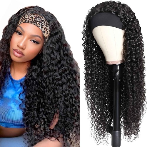 Youngirl Deep Wave Headband Wig Human Hair 24 Inch Curly Headband Wigs for Black Women Human Hair Glueless None Lace Front Wigs Brazilian Virgin Hair Wig Machine Made 150% Density Natural Black Color
