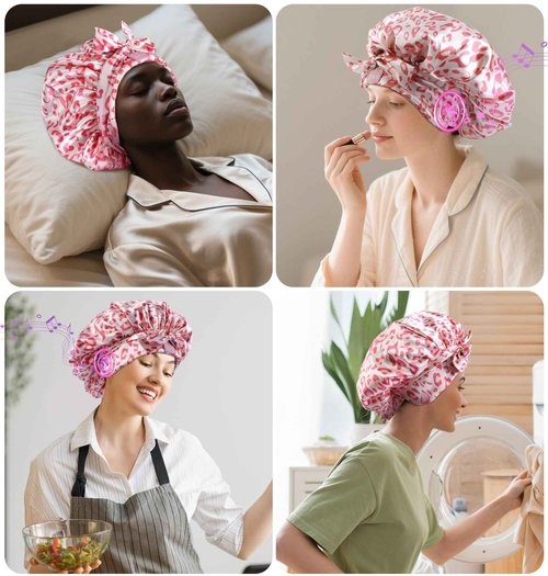 LC-dolida Bluetooth Silk Bonnet for Sleeping Women with Stereo Speaker, Ajustable Sleep Satin Bonnet Double Layer for Curly Natural Hair Ideal for Gift Restful Sleep Music