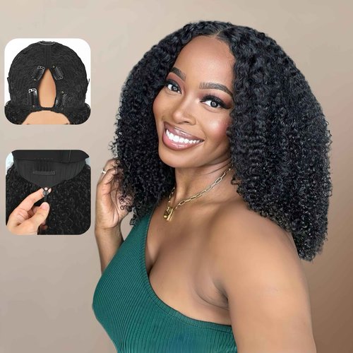 V Part Curly Wig Human Hair 200% Density Upgrade U Part Wig with Adjustable Drawstring No Leave Out Glueless V Shape Full Head Clip In Half Wig Human Hair Wig for Black Women Natural Color 16 Inch