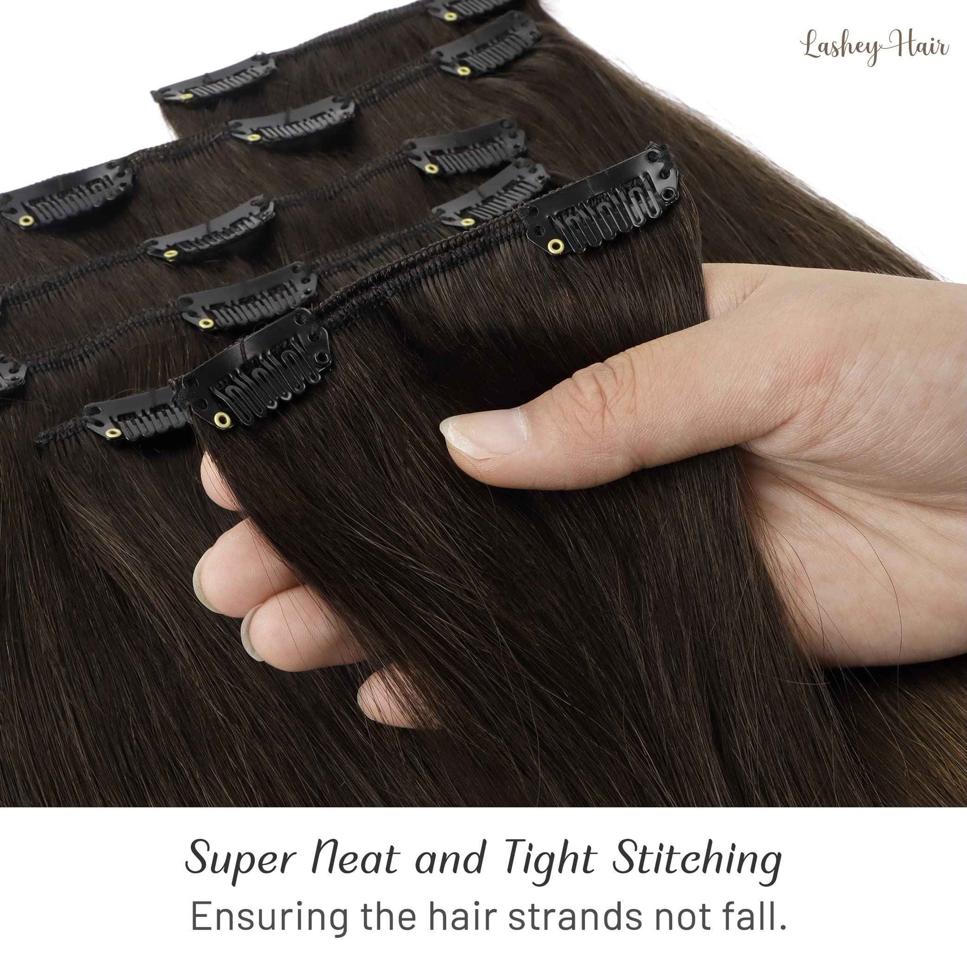 Lashey Clip in Hair Extensions - 22 inch Dark Brown to Chestnut Brown & Dirty Blonde Highlighted Real Human Hair - 120g 7pcs