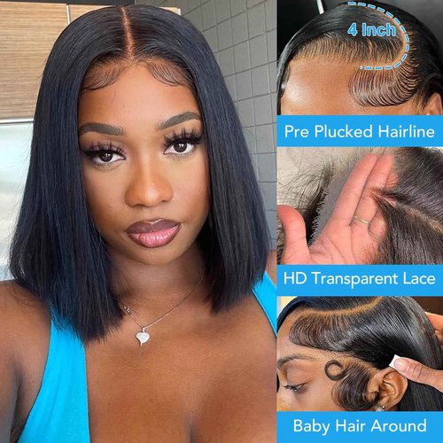 Thogriy Bob Wig Human Hair 13x4 HD Transparent Lace Front Straight Wigs 180% Density 16 Inch Pre Plucked Short Bob Straight Wigs Human Hair for Women Natural Black Color