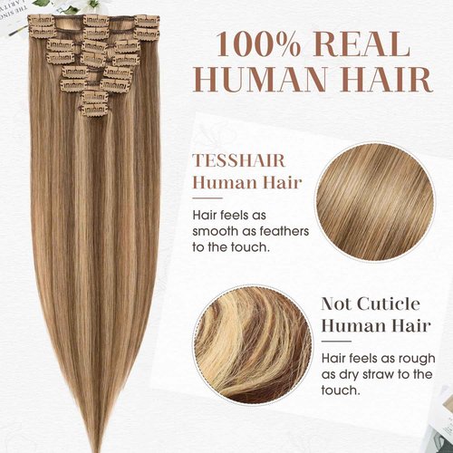 TESSHAIR Clip in Hair Extensions Real Human Hair 22 Inch Human Hair Clip in Extensions Medium Brown & Dark Blonde Hair Extensions Clip ins Double Weft 100% Real Human Hair Extensions 8 PCS 75g #4P27
